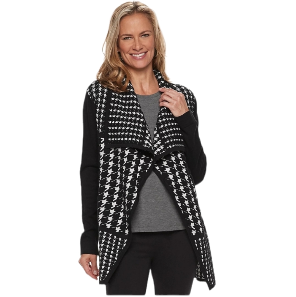 Dana Buchman Black White Houndstooth Open Front Waterfall Cardigan Sweater szM